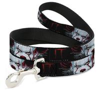 Warner Bros. Horror Movies Pet Leash, Dog Leash, It Chapter Two Pennywise Face Close Up Black Red Blues, 6 Feet Long 1.0 Inch Wide