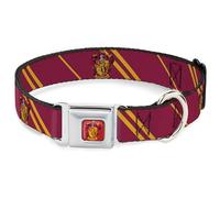 Warner Bros. Pet Collar, Dog Collar Metal Seatbelt Buckle, Gryffindor Crest Stripe Burgundy Gold, 16 to 23 Inches 1.5 Inch Wide