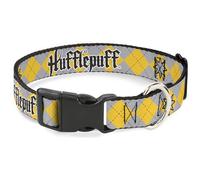 Warner Bros. Pet Collar, Dog Collar Plastic Buckle, Harry Potter Hufflepuff Stars Argyle Plaid Gray Gold Browns, 15 to 24 Inches 1.0 Inch Wide