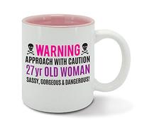 Warning, 27 Year Old Woman, Sassy, Gorgeous and Dangerous, 27th Birthday, Funny Gift idea, Womens Pink Mug, Cup