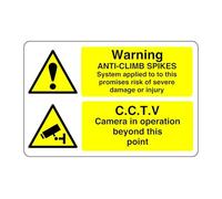 Warning anti-climb spikes, C.C.T.V sign - 1.2mm Rigid plastic for indoor/outdoor usage (200mm x 150mm) Viewing Distance within 5m.