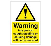 Warning any person caught stealing sign 100mm x 140mm Self adhesive vinyl sticker - Helps to prevent theft and criminal damage (1)