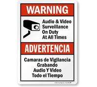Warning Audio & Video Surveillance On Duty At All Times Bilingual Sign, 8x12 Inch Digitally Printed 55 mil HDPE Plastic Sign Red Black White