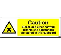 Warning Caution Bleach and Other Harmful irritants and substances are stored in This Cupboard Safety Sign - Self Adhesive Sticker 150mm x 50mm