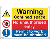 Warning Confined Space - No Unauthorised Entry - Permit to Work - 150mm x 100mm - 1.2mm Rigid Plastic Drilled Sign (MP28)