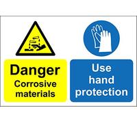 Warning corrosive materials use hand protection Safety sign - Self adhesive sticker 200mm x 150mm