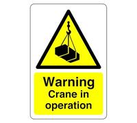 Warning crane in operation sign - 1.2mm Rigid plastic for indoor/outdoor usage (300mm x 200mm) Viewing Distance within 7m.