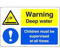 Warning deep water children must be supervised at all times - no swimming, no diving, deep water, slippery - High tack self-adhesive sticker (300mm x 200mm) Viewing Distance within 7m.