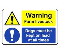 Warning Farm Livestock Dogs Must Be Kept On Lead At All Times - safety sign- 3mm Aluminum Dibond for indoor/outdoor usage (300mm x 200mm) 7m Viewing Distance.