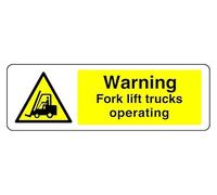 Warning Fork Lift Trucks Operating - safety sign - 1.2mm Rigid plastic for indoor/outdoor usage (300mm x 100mm) Viewing Distance within 5m.