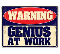 Warning Genius At Work Mini Tin Sign 15x20cm