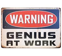 Warning Genius At Work Vintage Tin Signs Metal Wall Art Halloween Tin Sign Man Cave Bar Game Room Wall Decor 8x12 Inch