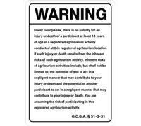 Warning: Georgia Agritourism Liability GA - Wall Sign Facility Metal Danger Yard Indoor Or Outdoor 8"x12"