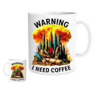 Warning I Need Coffee Funny Military Mug - Explosives & Mushroom Cloud Design - White Ceramic - Office Humor Gift for Veterans, Soldiers, and Caffeine Addicts