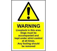 Warning Livestock in this area. Dogs must be accompanied and kept under strict control at all times. Any fouling should be removed sign - 3mm Aluminium sign 300mm x 200mm