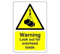 Warning look out overhead loads sign - 1.2mm Rigid plastic for indoor/outdoor usage (200mm x 150mm) Viewing Distance within 5m.