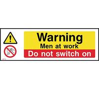 Warning Men at Work Do Not Switch On Sign - 300mm x 100mm - Self Adhesive Sticker (MP19)
