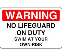 Warning no lifeguard on duty swim at your own risk - no swimming, no diving, deep water, slippery - 1.2mm Rigid plastic for indoor/outdoor usage (600mm x 400mm) Viewing Distance within 20m.