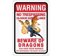 Warning - No Trespassing & 24 - Hour Surveillance Sign, Beware of Dragons, Durable Aluminum, Rust - Resistant, Easy to Install, Ideal for Farms, Homes Outdoor Decor 8"x12"