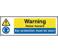 Warning Noise Hazard Ear Protection Must be Worn - 600mm x 200mm - 3mm Metal Composite Drilled Sign (MP14)