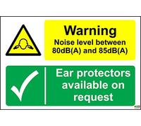 Warning Noise Level Between 80dB and 85dB Ear Protectors Available on Request Sign - Self Adhesive Sticker 300mm x 200mm