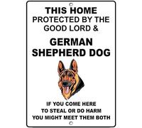 Warning plaque wall decor german shepherd dog dog home protected by good lord decoration sign road sign business sign aluminum metal tin sign 8×12 INCH