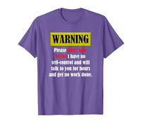 Warning Please Don't Talk to me i Have no self-Control Funny T-Shirt, Men, Purple Heather, Medium