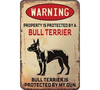 Warning Property Protected By An Bull Terrier Dog Vintage Metal Sign Aluminum Tin Sign For Home Garden Yard Garage Street Wall Decoration 8x12 Inch