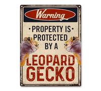 Warning Property Protected By Leopard Geckos Metal Sign Decor - Funny Leopard Gecko Gifts For Leopard Gecko Lovers Aluminum Rust Free 9" X 11", Pre-Drilled Holes, Weather Resistant