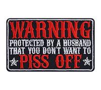Warning - Protected by a Husband Iron on Patches for Women Motorcycle Riders, Bikers | Sexy Ladies Sayings Sew on or Iron on Applique Patches for Jeans, Jackets | 85X55 mm