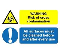 Warning risk of cross contamination all surfaces must be cleaned safety sign - Self adhesive sticker (300mm x 200mm)
