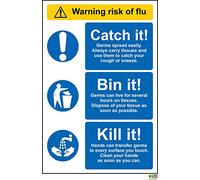 Warning Risk of Flu Sign, Catch It, Bin It, Kill It - Self Adhesive Sticker 300mm x 200mm
