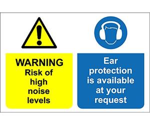 Warning risk of high noise levels ear protection is available at your request safety sign - 1.2mm rigid plastic 300mm x 200mm