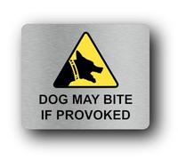 Warning sign about the potential danger of a dog bite if the animal is provoked. Sign - 11.0x9.5cm Brushed Aluminium