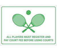 Warning Sign: All Players Must Register and Pay Court Fee with Tennis Icon, Warning Tin Sign; Home, Kitchen, Farm, Garden, Garage Wall Decor 12x8 inch