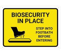 Warning Sign - Biosecurity In Place Step Into Footbath Before Entering, Rust Free Aluminum Sign, Protected, Waterproof, Fade-Resistant, Suitable For Industrial Areas, Vintage Wall Decor, 12X8 Inch