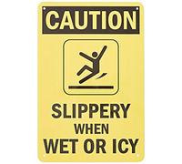 Warning Sign Caution: Slippery When Wet or ICY, Black on Yellow Road Sign Business Sign 12X8 Inches Aluminum Metal Tin Sign