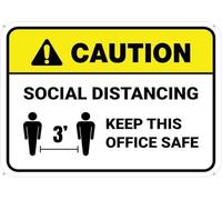 Warning Sign: Caution Social Distancing Keep This Office Safe 3Ft, Rectangular Floor Sign; Metal Rust Free Aluminum, Printed, Easy to Mount 12x8 inch