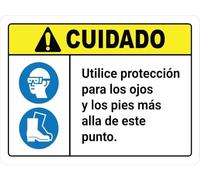 Warning Sign - Cuidado Utilice Proteccion Para Los Ojos Y Los Pies Mas Alla De Este Punto Ansi Horizontal, Bilingual Wall Sign, For Man Cave, Yard, Indoor Outdoor Use, 12X8 Inch