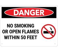 Warning Sign: Danger - No Smoking, Open Flames Within 50 Feet, Outdoor Aluminum Sign; Ink Printed for House, Business; Durable, Weatherproof, Rust Free 12x8 inch