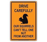 Warning Sign Drive Carefully Our Squirrels Can't Tell One Nut From Another Humorous Funny Warning Industrial Road Safety Metal Tin Sign Office Home Bathroom Retro Sign Wall Decor Gift 5.5x8 Inch