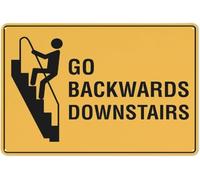Warning Sign - Go Backwards Downstairs, Aluminum Rust-Proof Security Sign, for Staircases, Public Buildings, Outdoor Use, 12x16 inch