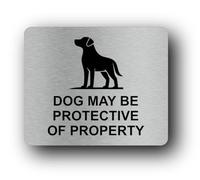 Warning sign indicating a potentially protective dog on the premises. Sign - 11.0x9.5cm Brushed Aluminium