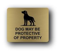 Warning sign indicating a potentially protective dog on the premises. Sign - 11.0x9.5cm Brushed Aluminium