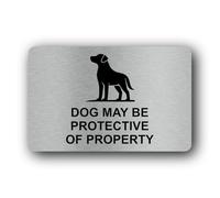 Warning sign indicating a potentially protective dog on the premises. Sign - 14.0x9.0cm Brushed Aluminium