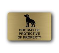 Warning sign indicating a potentially protective dog on the premises. Sign - 14.0x9.0cm Brushed Aluminium