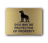 Warning sign indicating a potentially protective dog on the premises. Sign - 19.0x14.0cm Brushed Aluminium