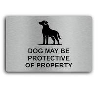 Warning sign indicating a potentially protective dog on the premises. Sign - 29.0x19.0cm Brushed Aluminium