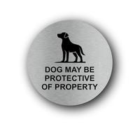 Warning sign indicating a potentially protective dog on the premises. Sign - 9.5x9.5cm Brushed Aluminium