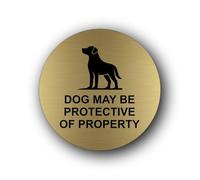 Warning sign indicating a potentially protective dog on the premises. Sign - 9.5x9.5cm Brushed Aluminium